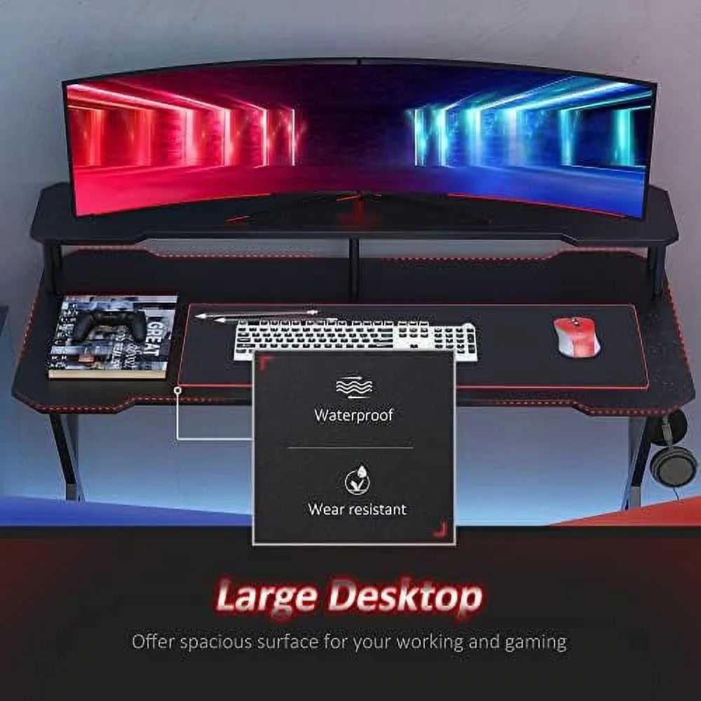 55 Inch Black Gaming Desk with Monitor Stand F5707