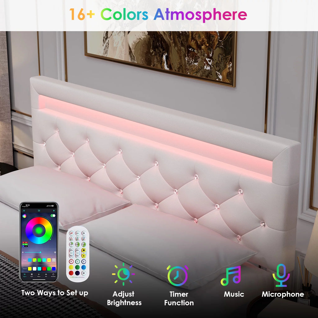 Queen Size LED Upholstered Platform Bed Frame with Adjustable Headboard E98544