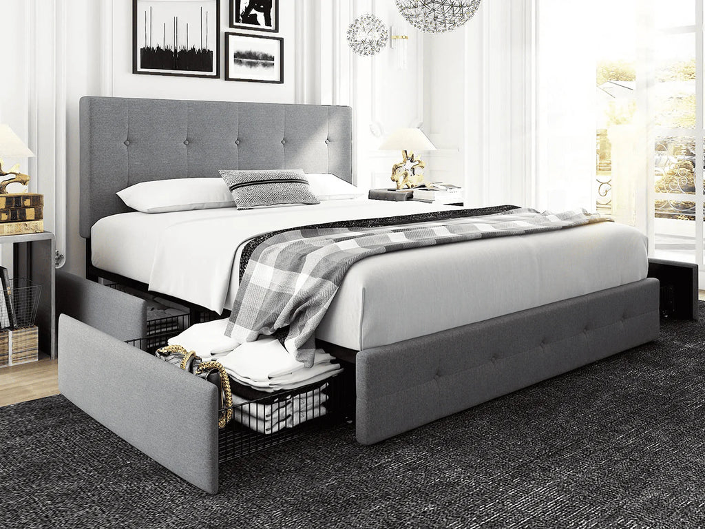 Queen Size Storage Bed Frame with 4 Drawers, Tufted Adjustable Headboard, Dark Grey E966129