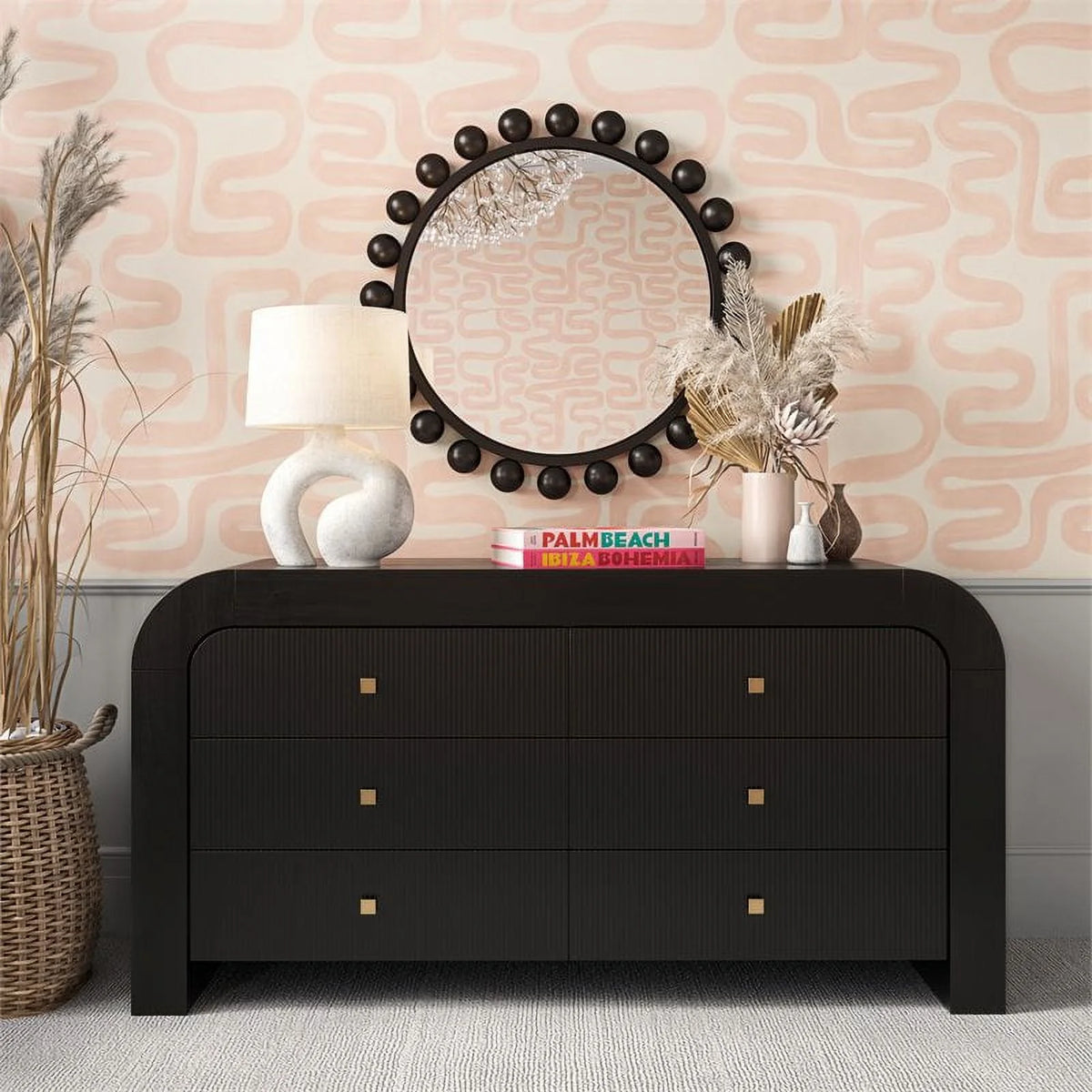 Black 6-Drawer Acacia Veneer MDF Wood Dresser T8626