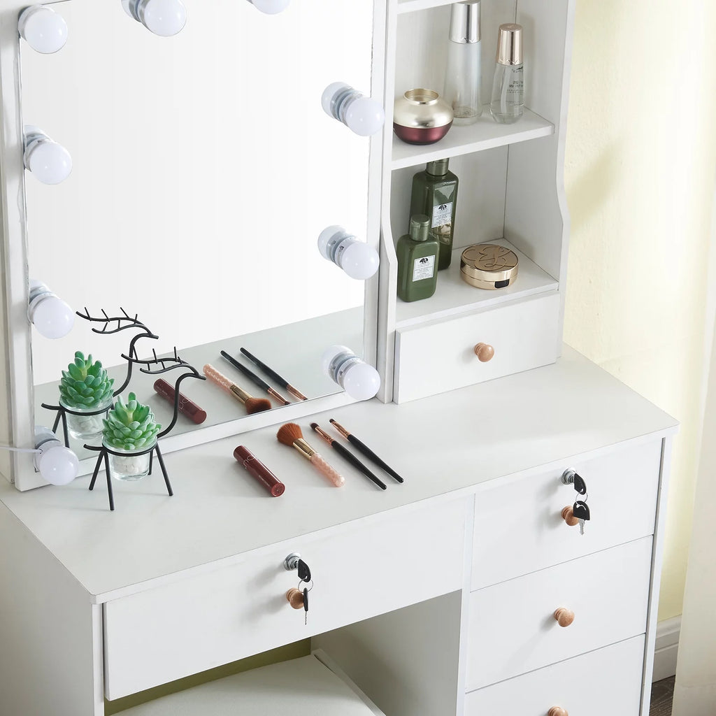 White Makeup Vanity with Sliding Mirror and Stool C6349