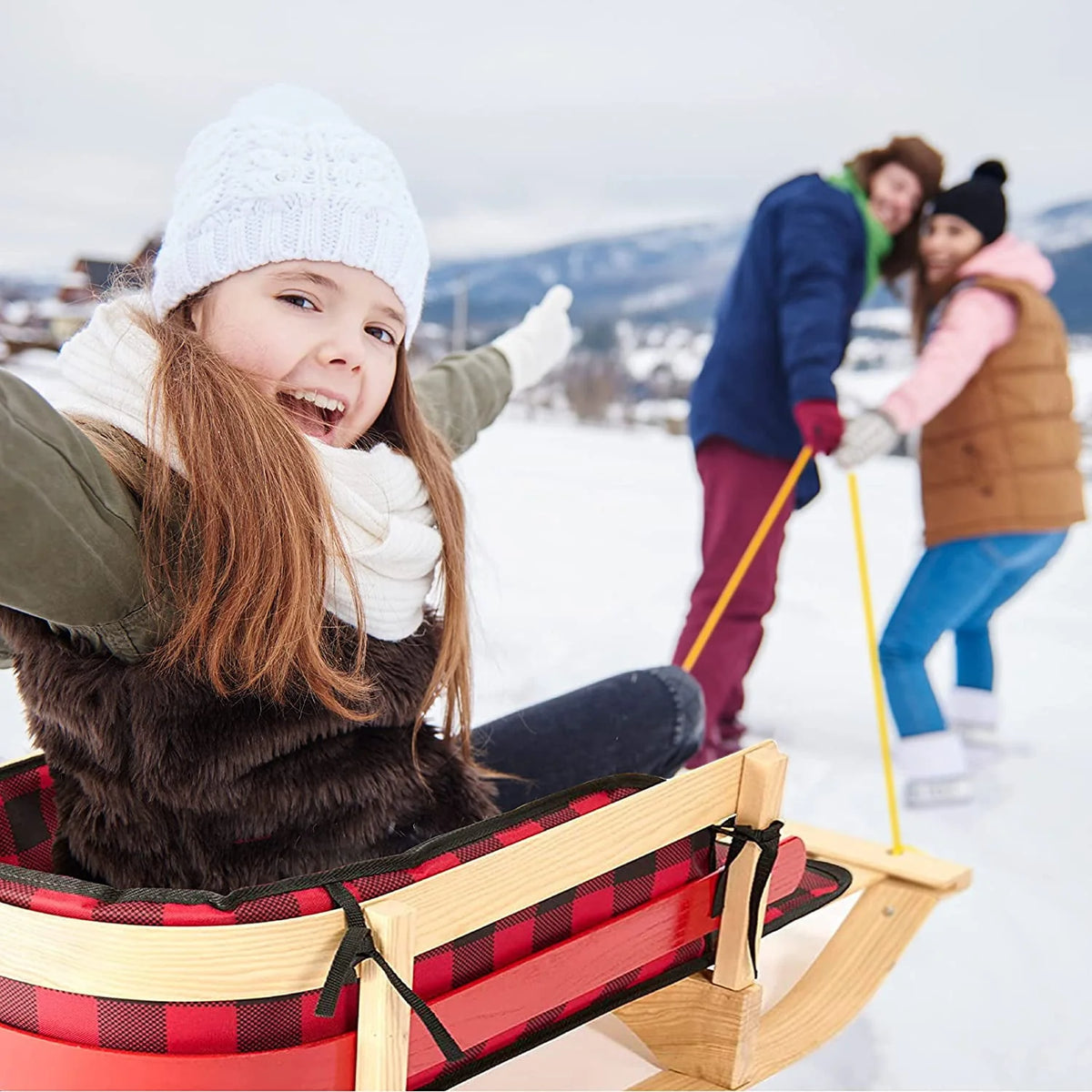 Wood Snow Sled with Cushion Seat and Pulling Rope K745