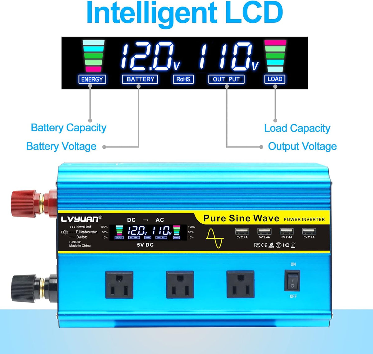 Pure Sine Wave Inverter 1600 Watts 12V to 110V with Remote Controller C835
