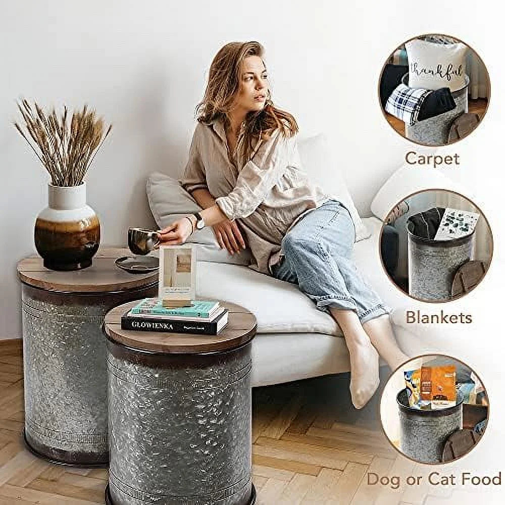Farmhouse Accent Side Table Ottoman Seat Stool Metal End Table Box Bin with Round Wood Lid C177