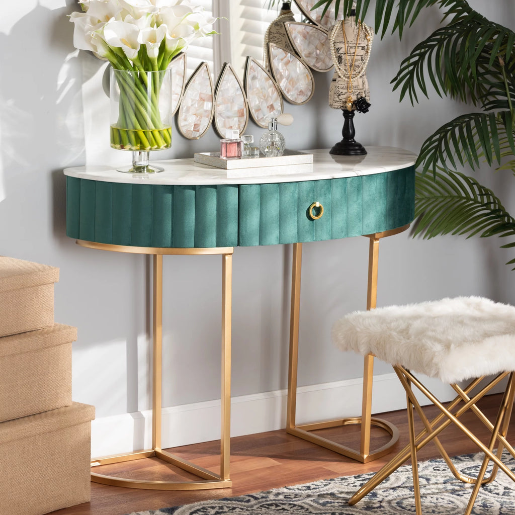 Green Velvet 1-Drawer Console Table with Faux Marble Tabletop S2217