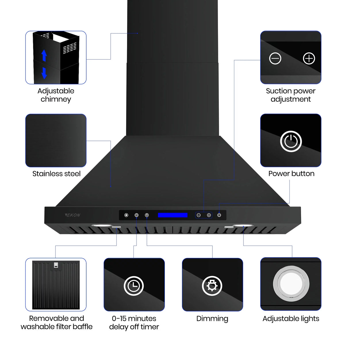 30 inch 900 CFM Convertible Black Stainless Steel Wall Mount Range Hood T10321
