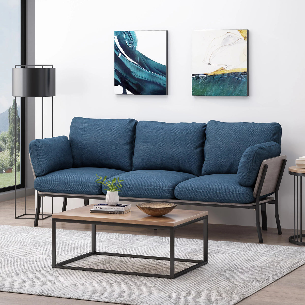 Navy Blue 3 Seater Wood Frame Sofa with Pillows E80552