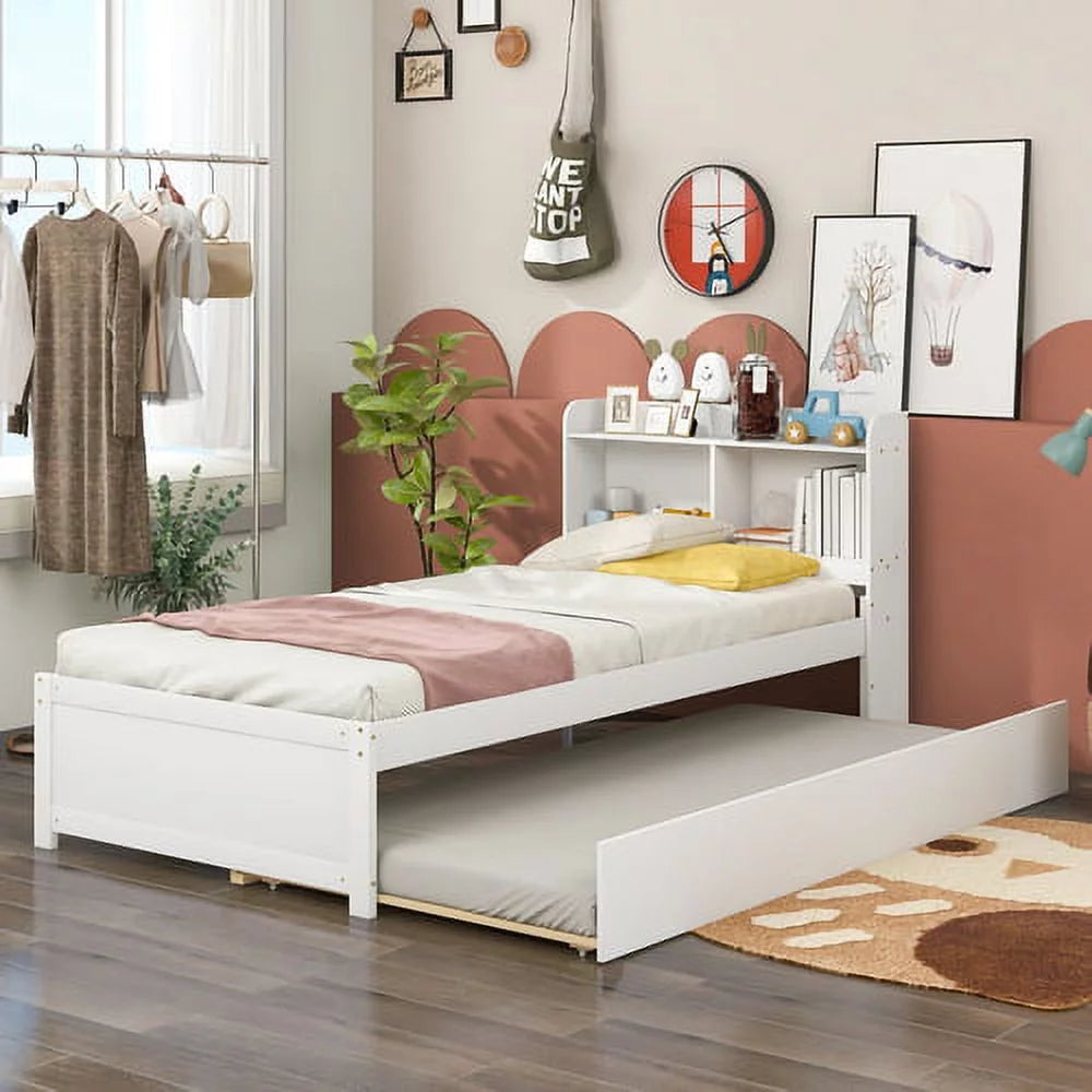 White Twin Size Wood Platform Bed with Trundle and Storage Headboard I37018