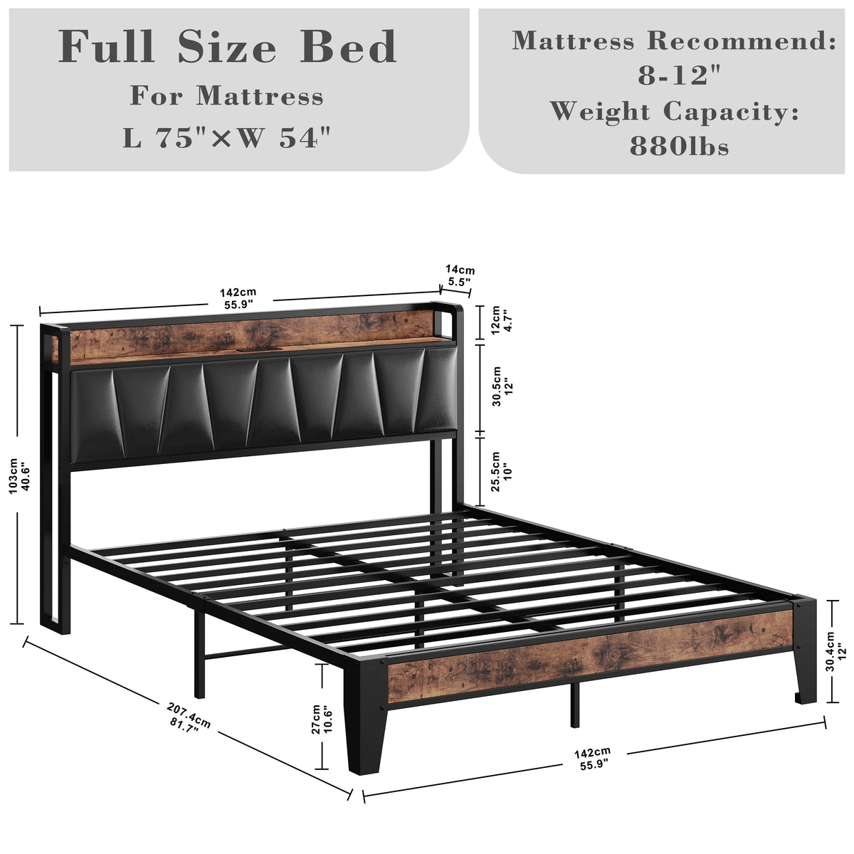 King Metal Bed Frame with Black Storage Headboard D226615