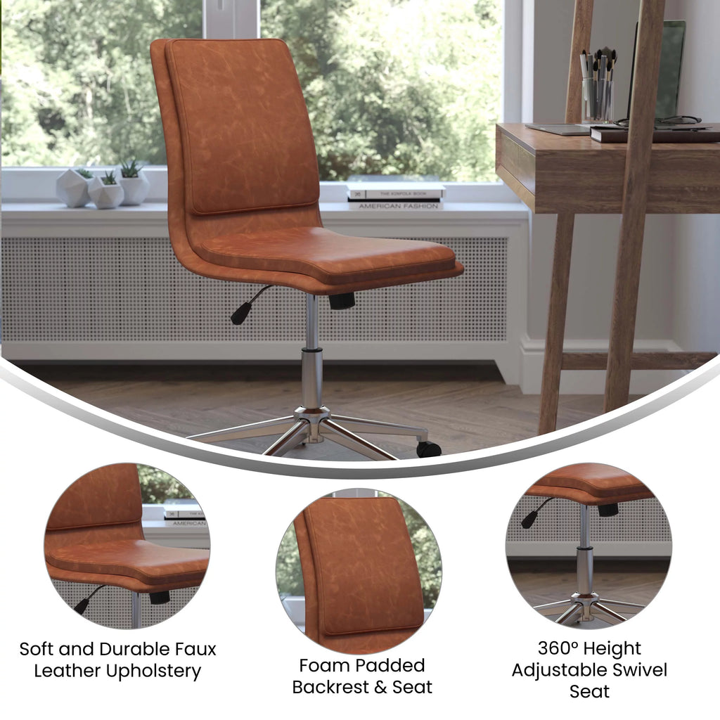 Brown Faux Leather Mid-Back Office Chair with Casters H145