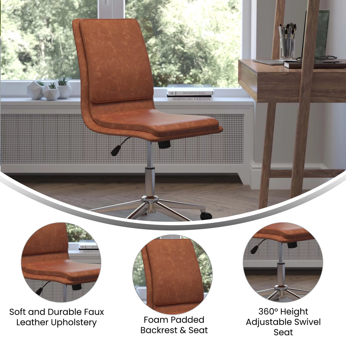Brown Faux Leather Mid-Back Office Chair with Casters H145