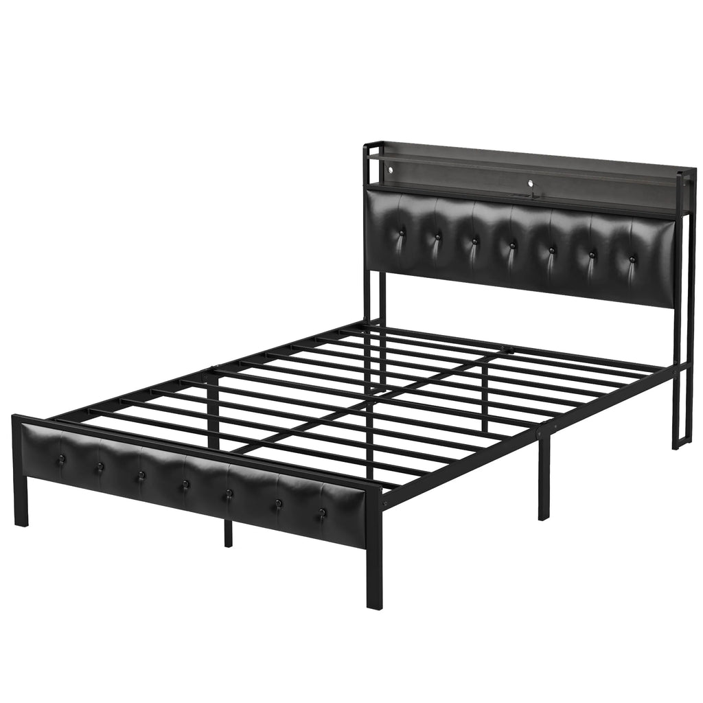 Queen Upholstered Platform Bed Frame with Storage Headboard A88214