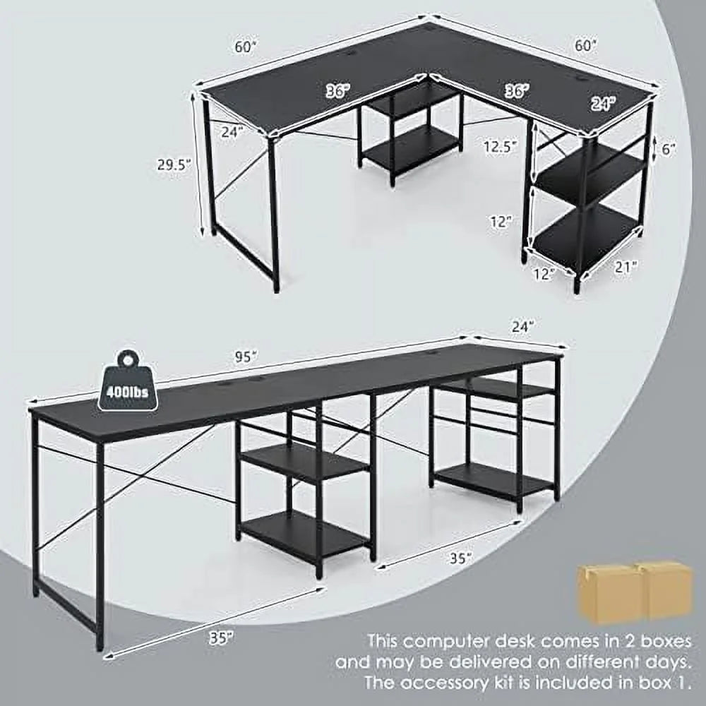 L-Shaped Convertible Computer Desk with 4-Tier Shelves E850