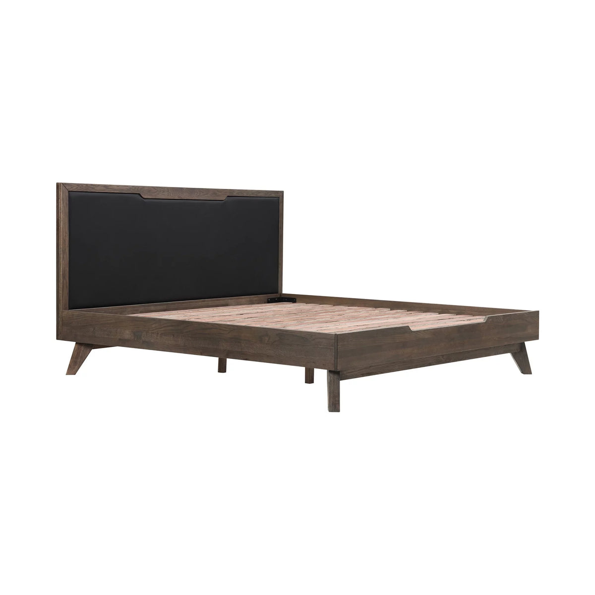 Oak Wood King Platform Bed with Faux Leather Headboard J7328
