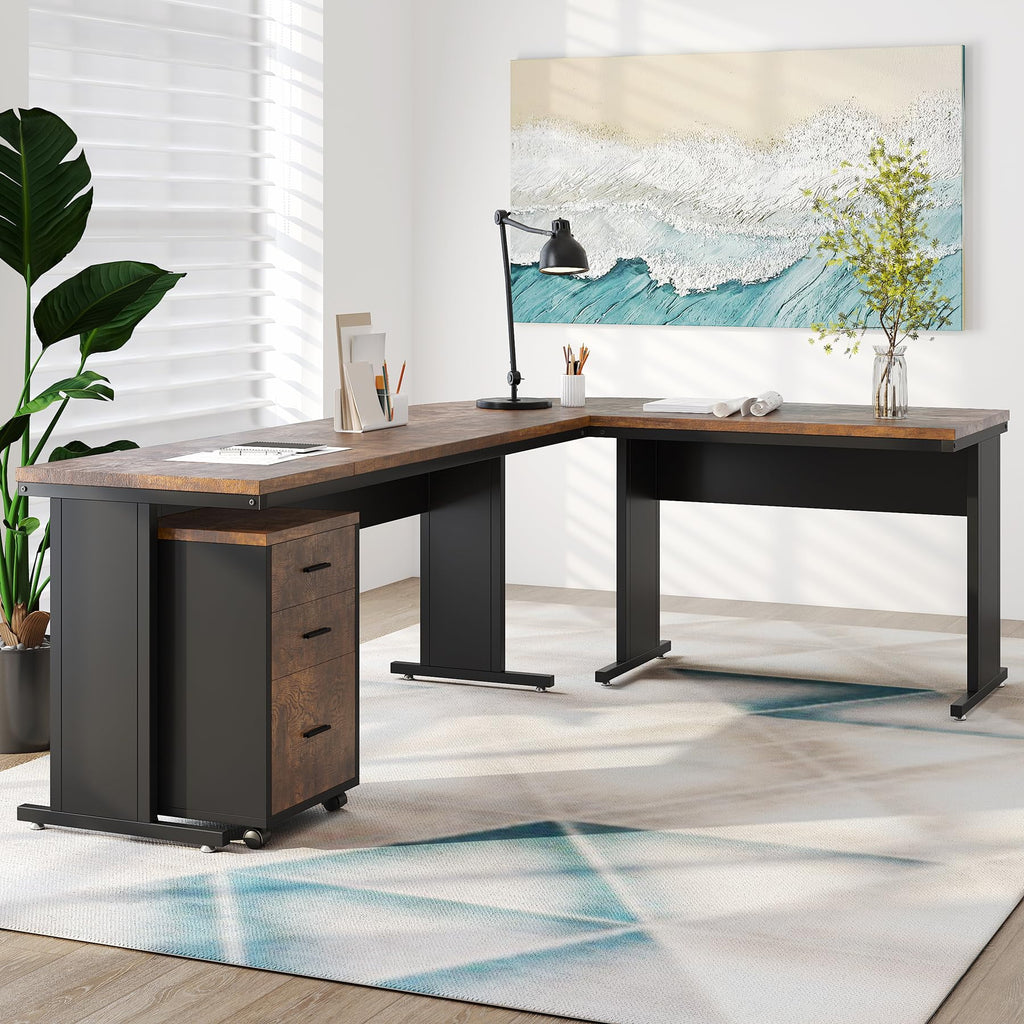 83" L-Shaped Executive Desk with 3-Drawer File Cabinet W113221