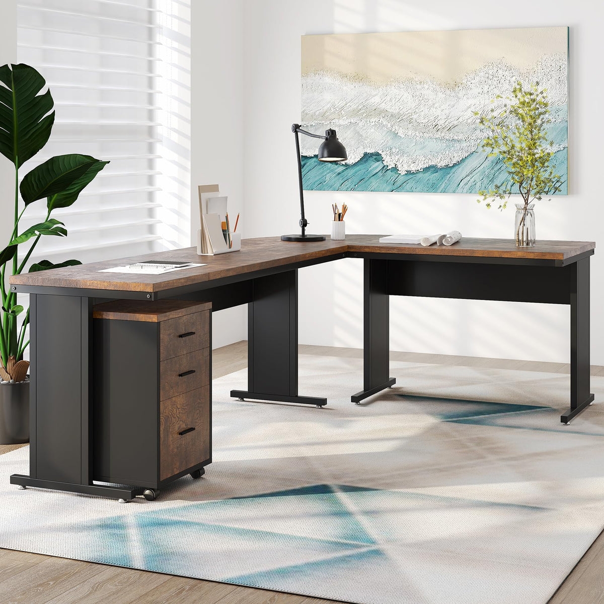 83" L-Shaped Executive Desk with 3-Drawer File Cabinet W113221