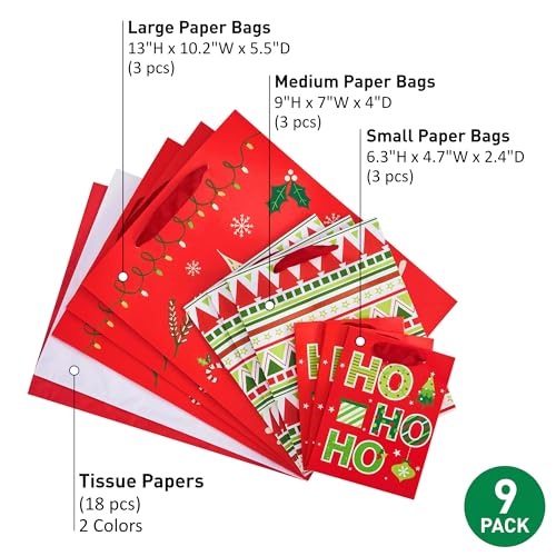 Assorted Sizes Christmas Gift Bags with Tissue Paper, 9 Pack E464620