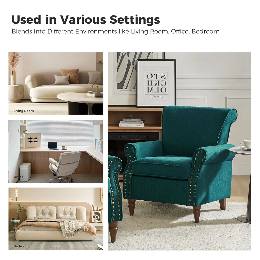 Teal Upholstered Accent Chair with Turned Wooden Legs and Nailhead Trim B387