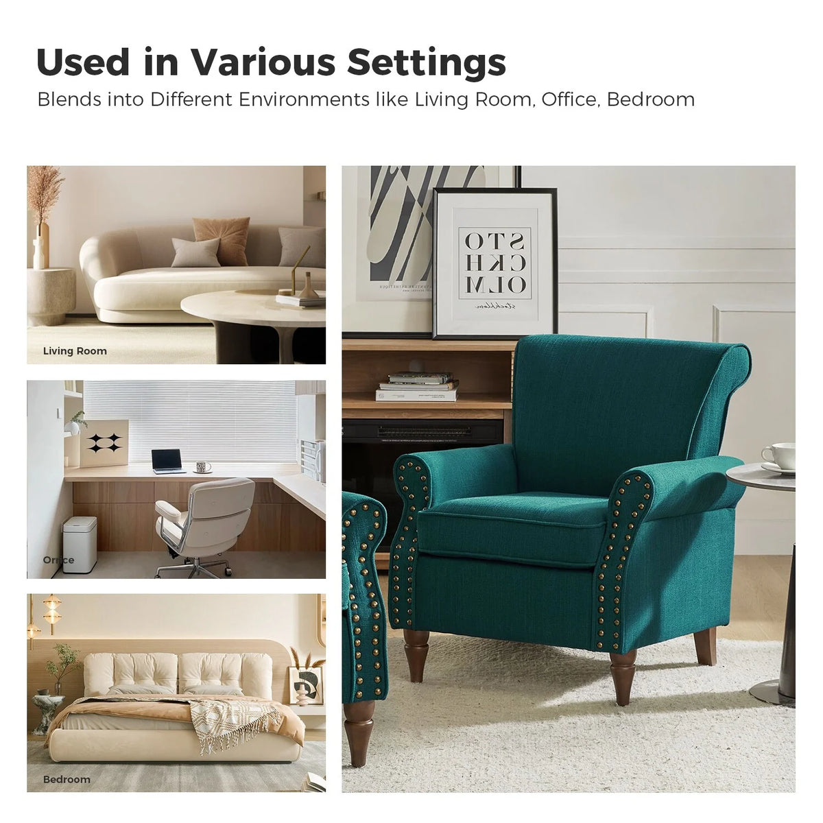 Teal Upholstered Accent Chair with Turned Wooden Legs and Nailhead Trim B387
