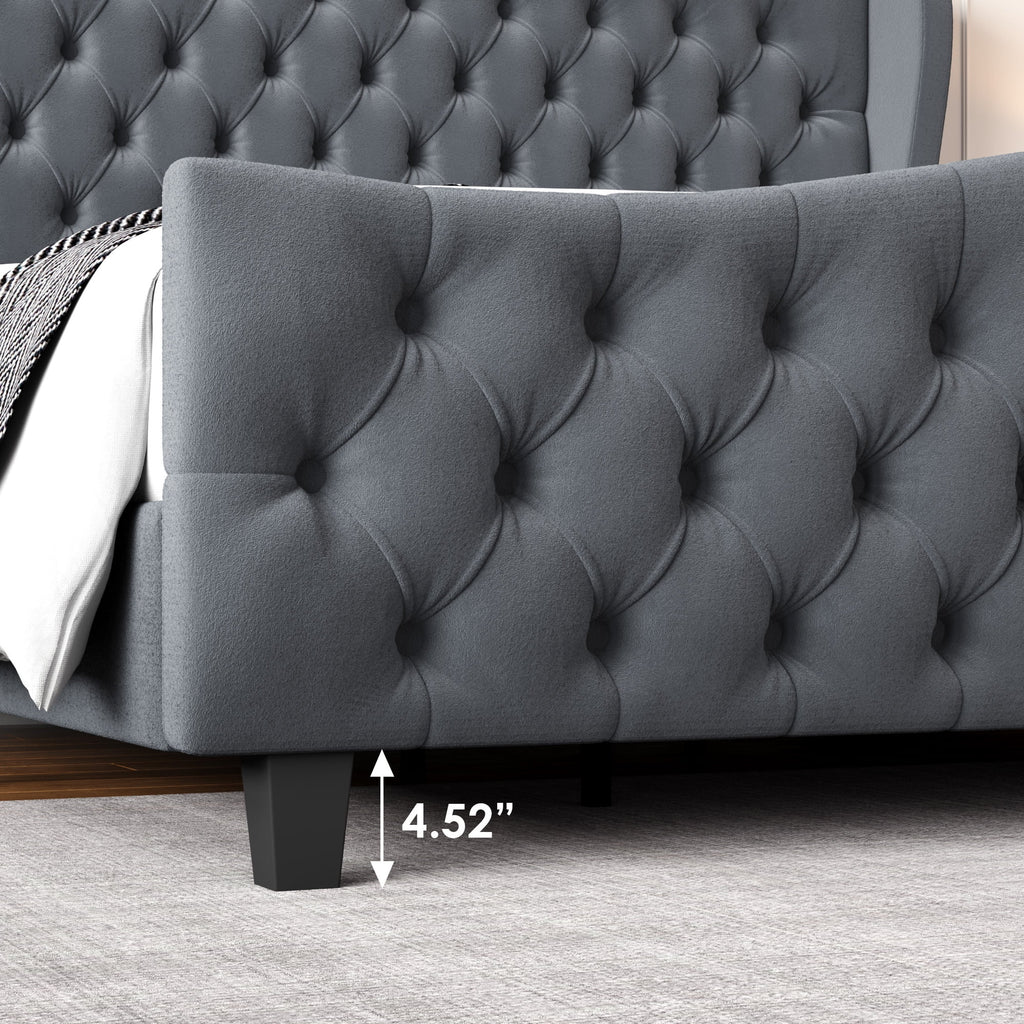 Queen Size Beige Velvet Tufted Upholstered Platform Bed Frame with Wingback Headboard F6518