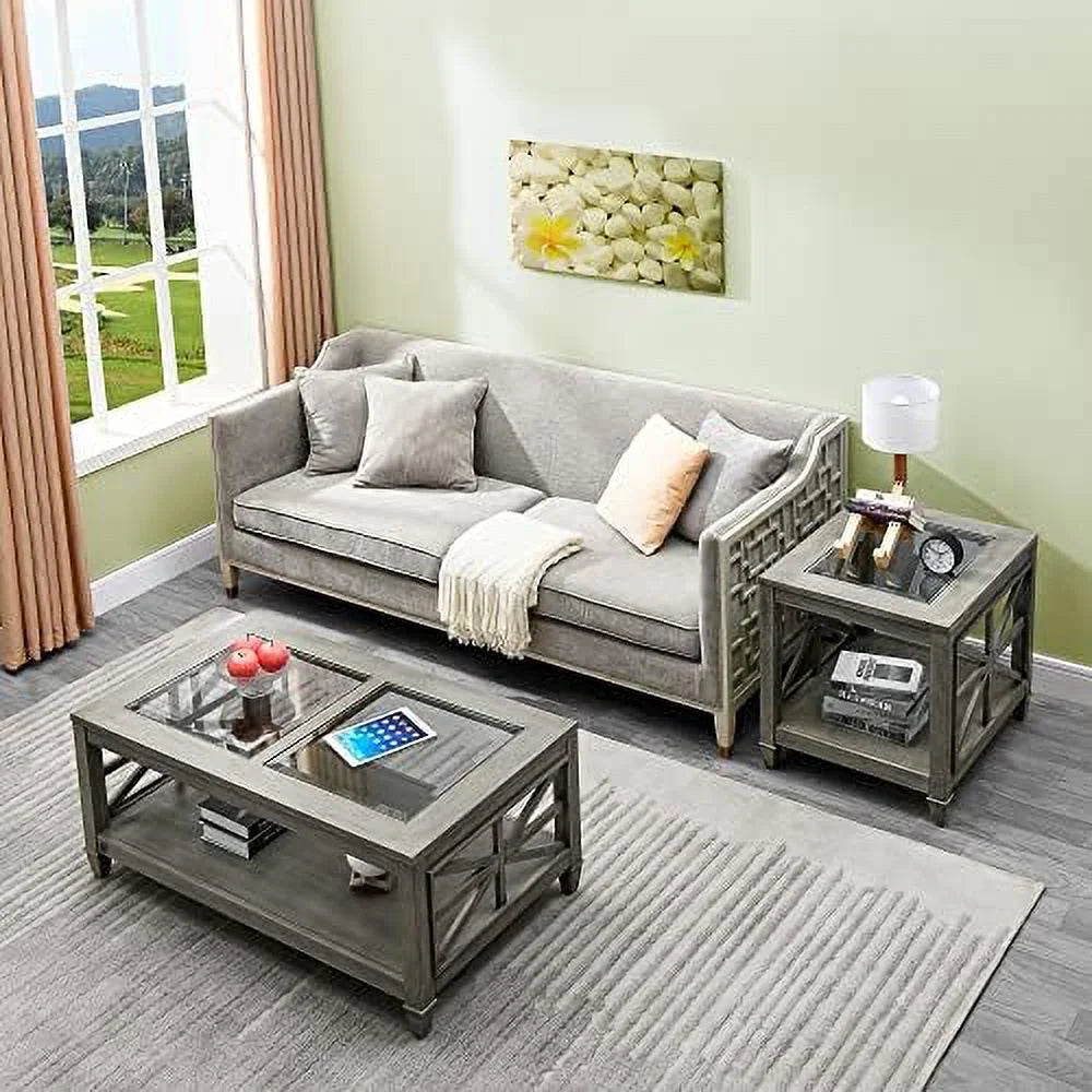 Solid Wood Coffee Table with Glass Top O208672