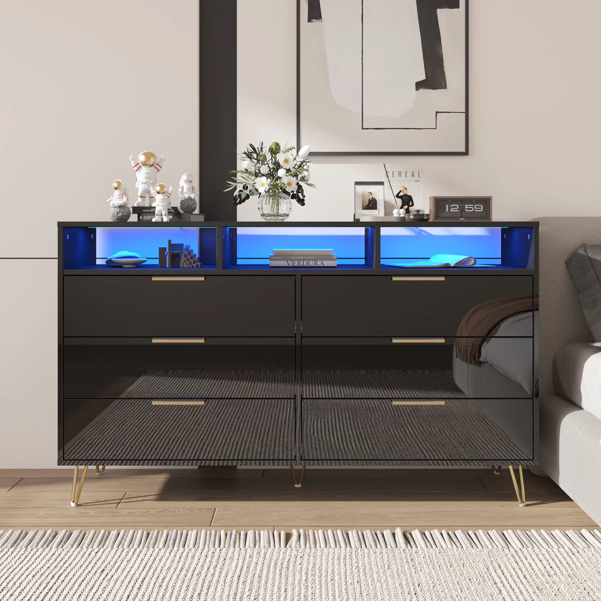 White 6 Drawer Wood Dresser with LED Lights B836