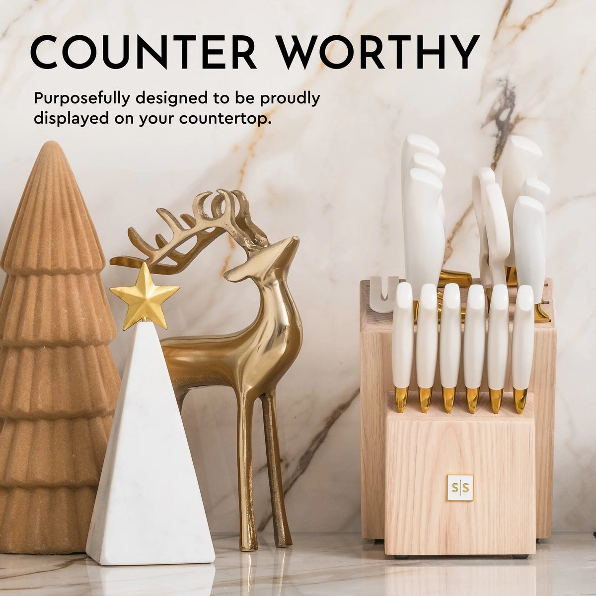 White and Gold 14 Piece Titanium Coated Knife Set with Block D388756