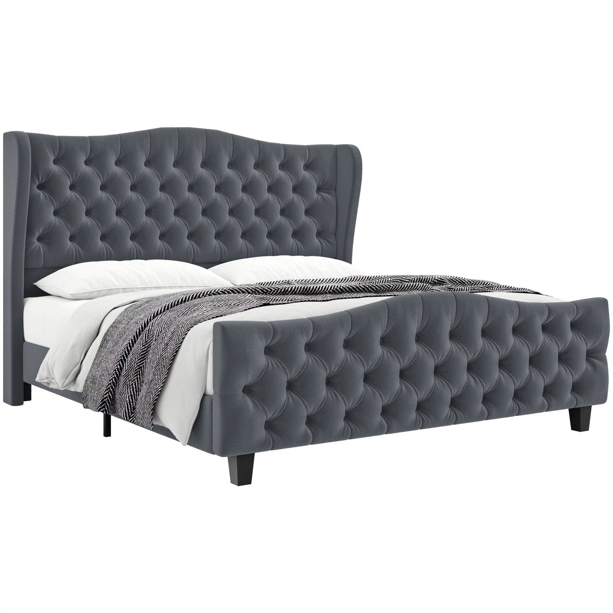 Queen Size Beige Velvet Tufted Upholstered Platform Bed Frame with Wingback Headboard F6518