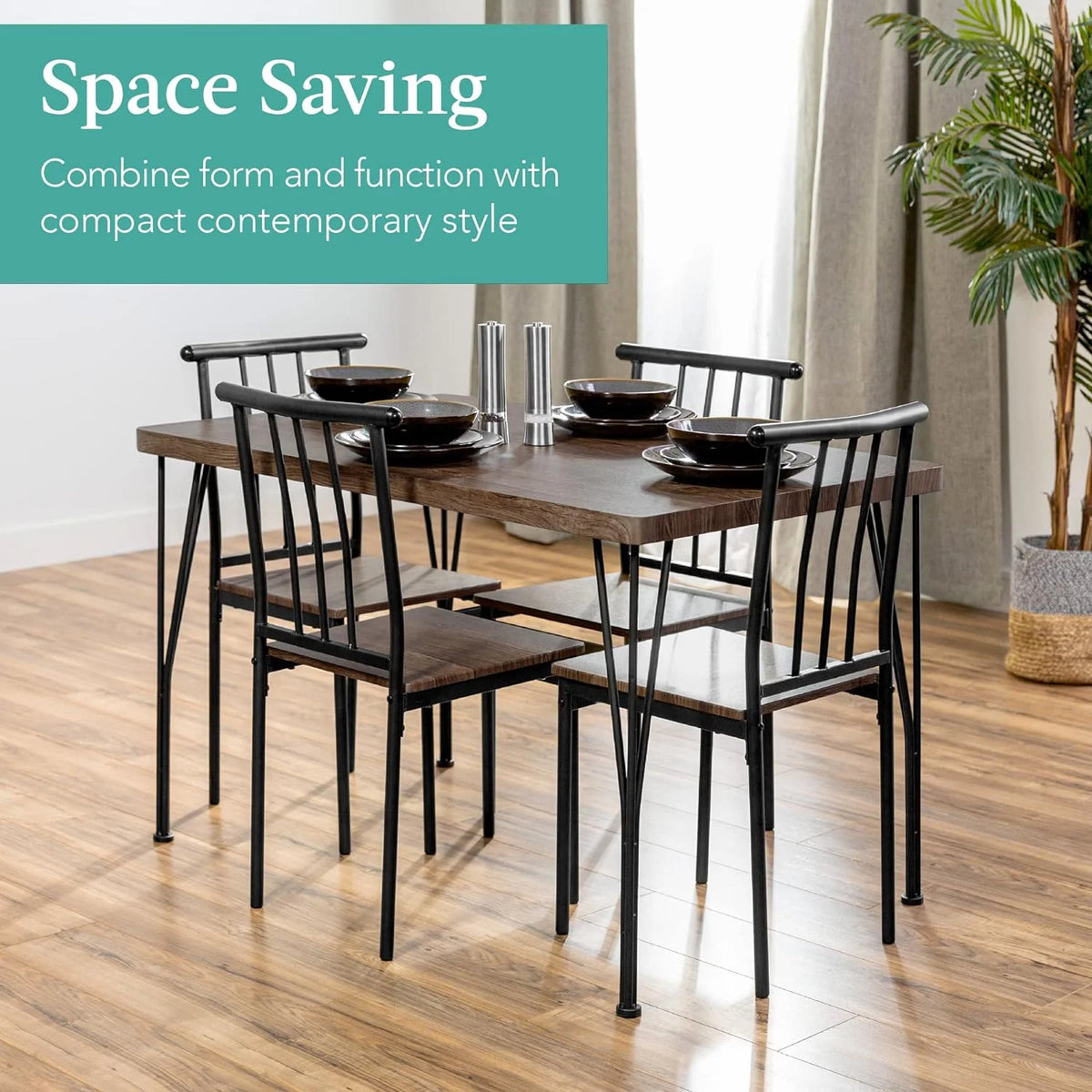 5-Piece Metal and Wood Rectangular Dining Table Set with 4 Chairs G480