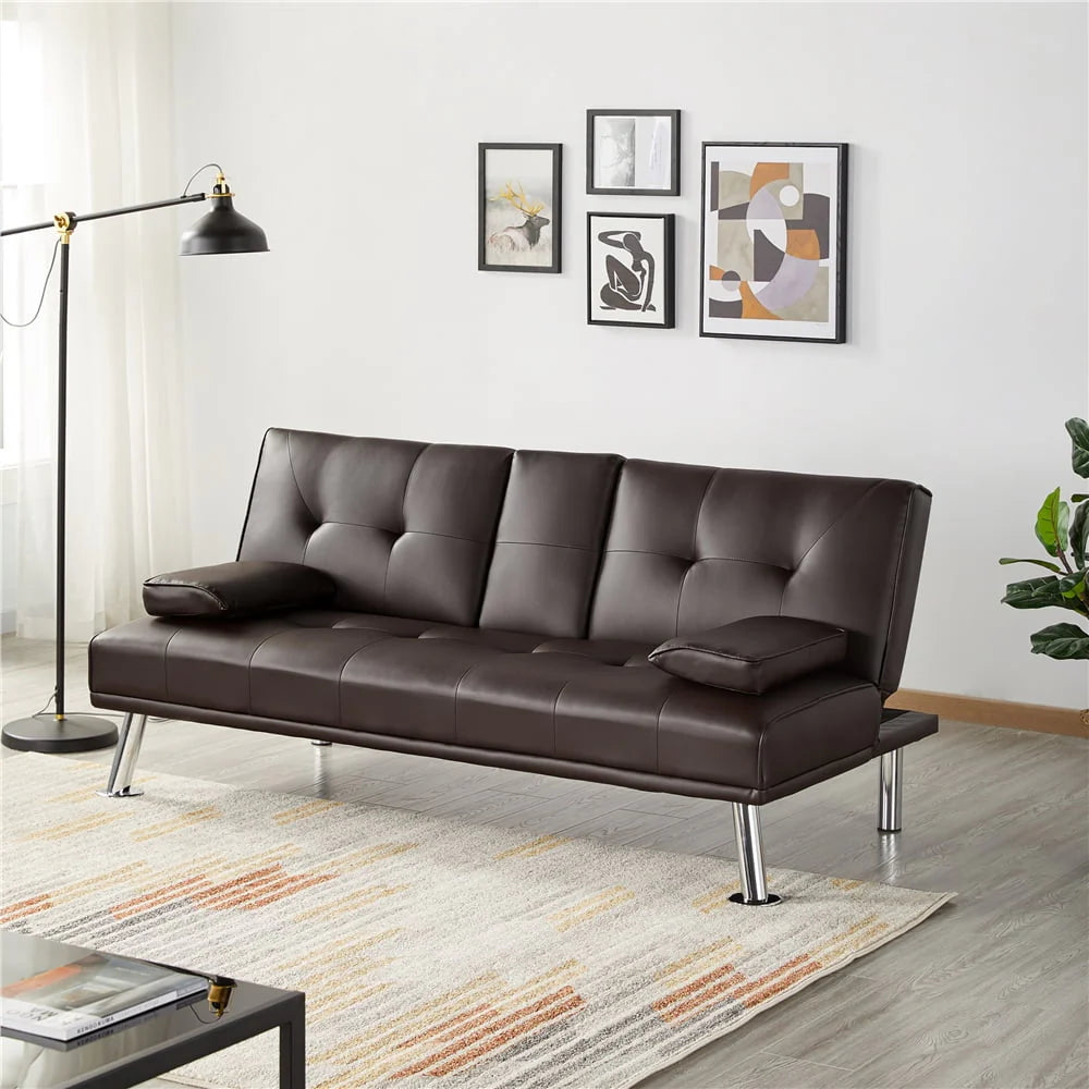 Gray Faux Leather Futon with Cupholders and Pillows J4372