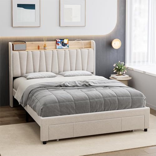 Beige Queen Size Upholstered Platform Bed Frame with Storage Headboard and Drawers X966645