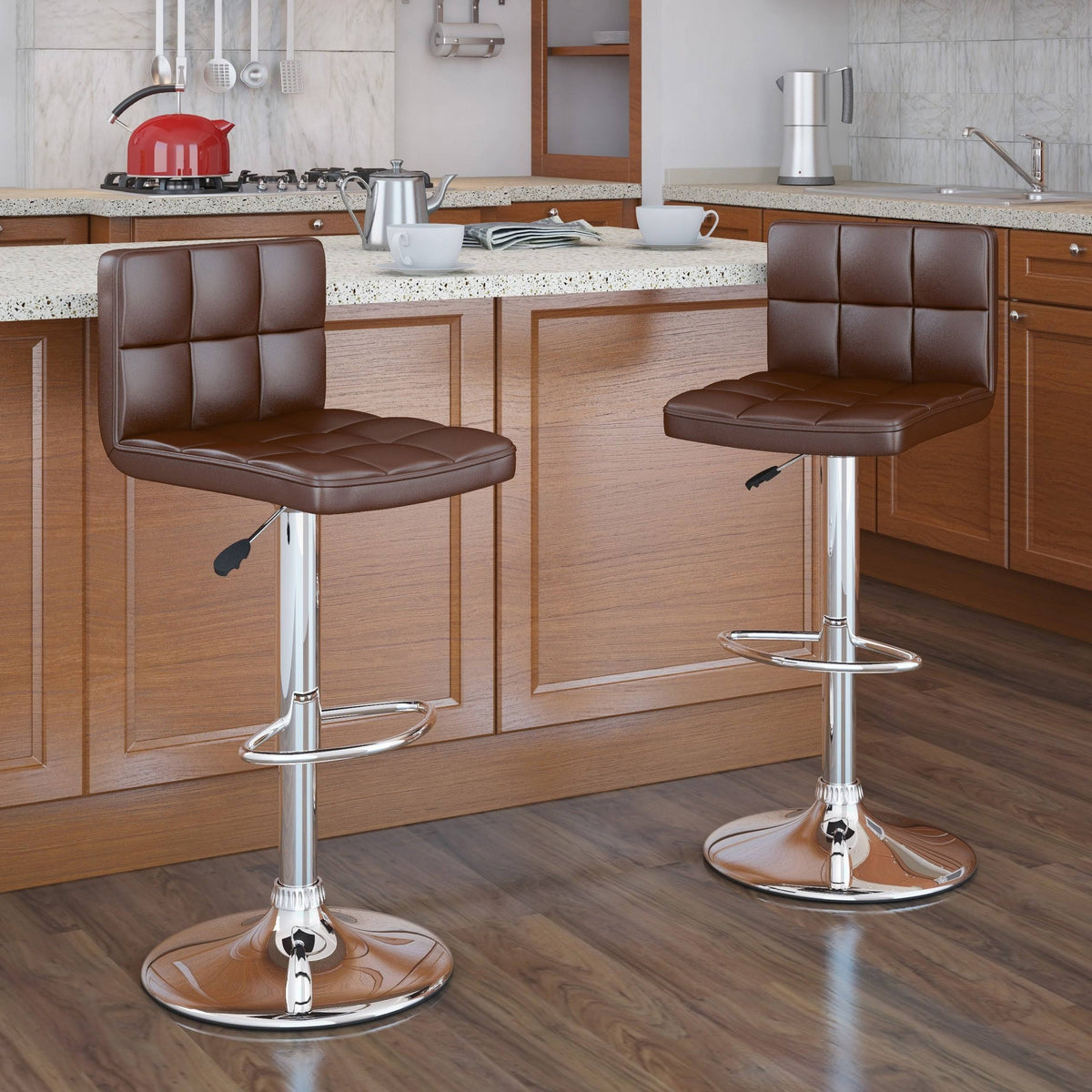 White Adjustable Leatherette Bar Stool Set of 2 Q397