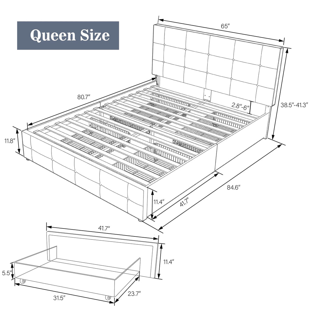 Queen Size Storage Bed Frame with 4 Drawers, Tufted Adjustable Headboard, Dark Grey E966129