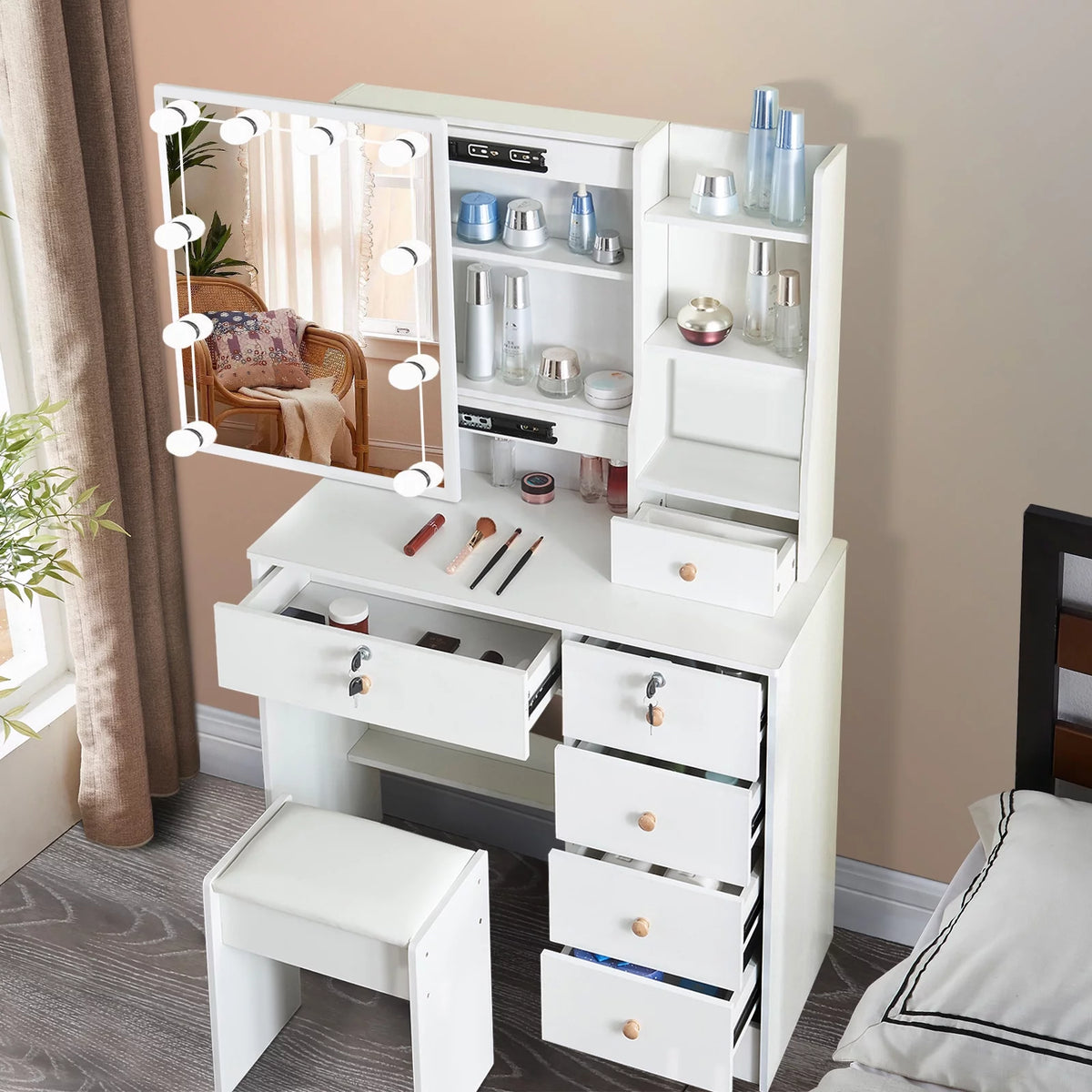 White Makeup Vanity with Sliding Mirror and Stool C6349