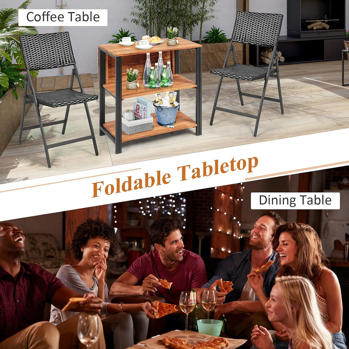 Acacia Wood Folding Patio Table with 2 Storage Shelves T97881