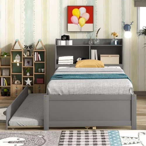 White Twin Size Wood Platform Bed with Trundle and Storage Headboard I37018