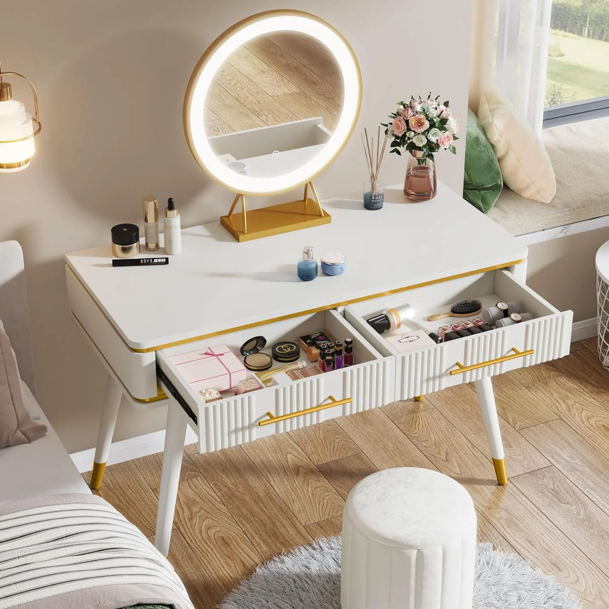 47" White Makeup Vanity Desk with 2 Drawers L91204