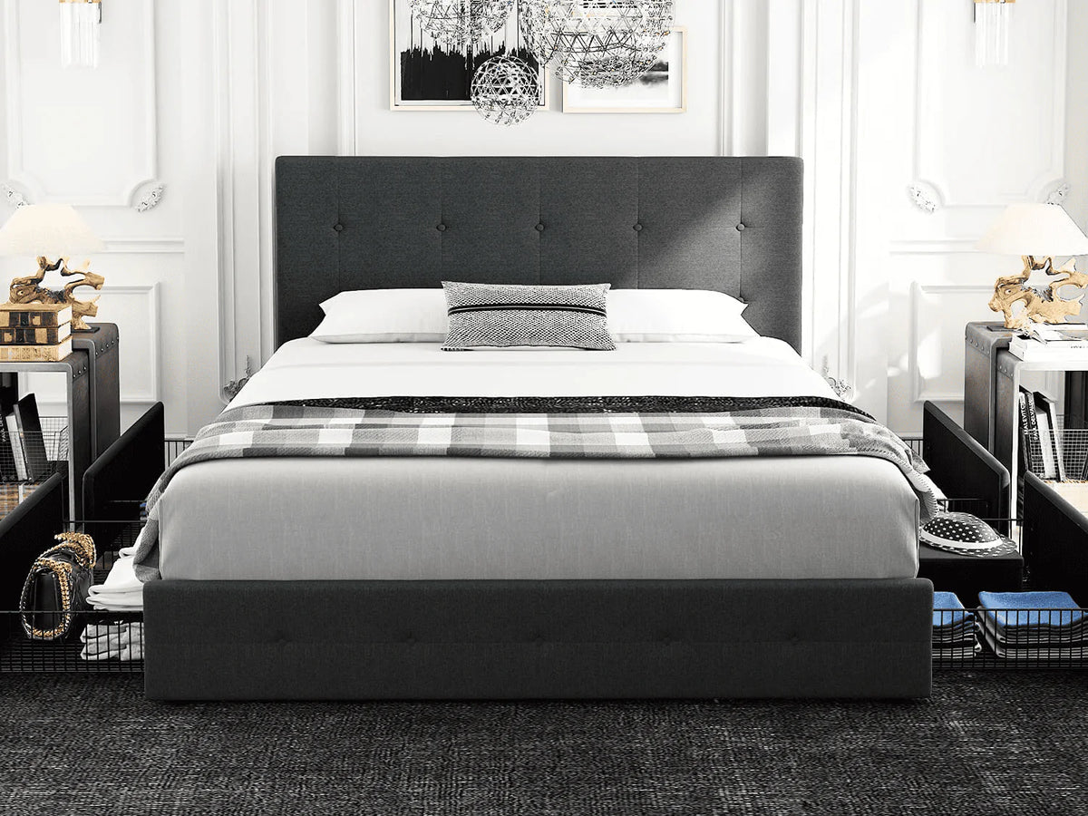 Queen Size Storage Bed Frame with 4 Drawers, Tufted Adjustable Headboard, Dark Grey E966129