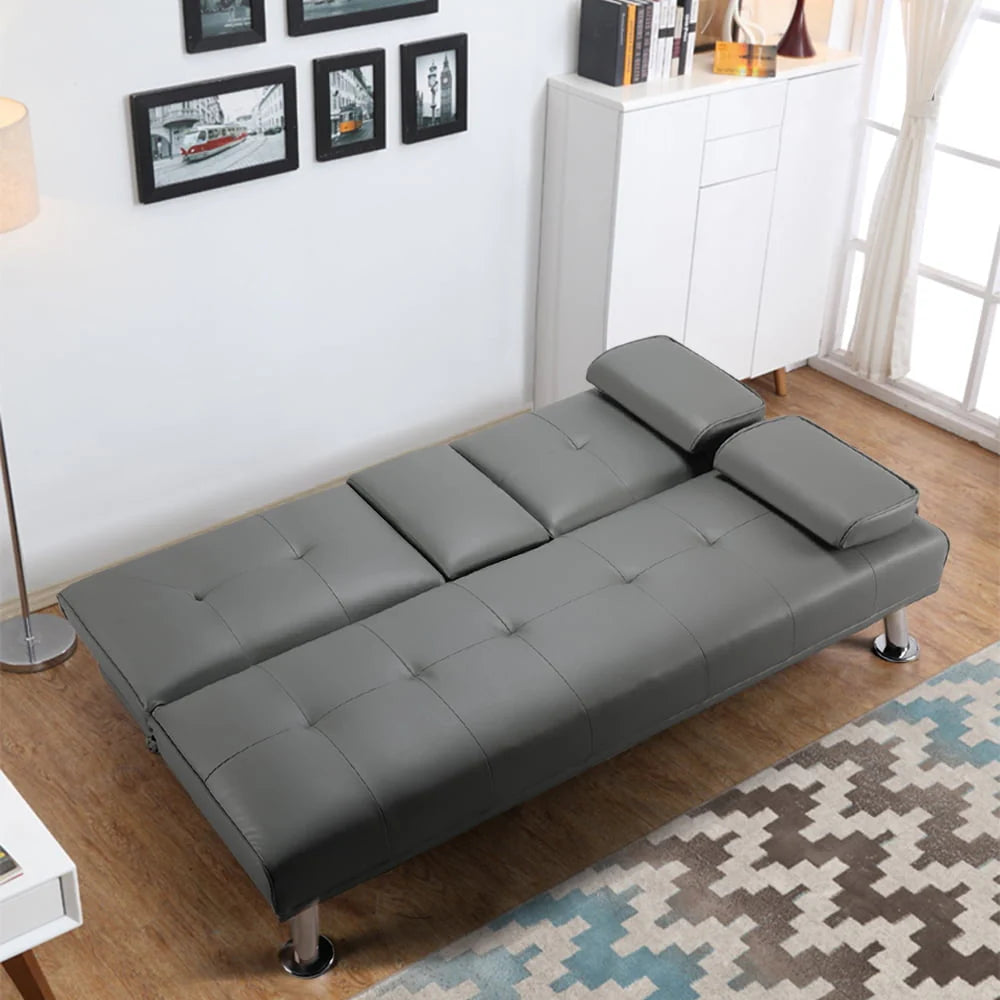 Gray Faux Leather Futon with Cupholders and Pillows J4372
