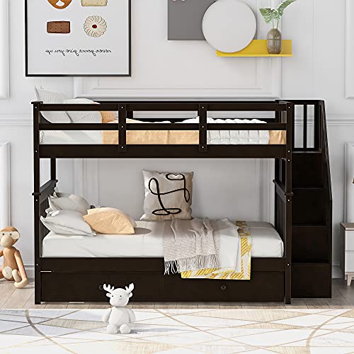 Full Over Full Wood Bunk Bed with Twin Trundle and Stairs, White N1296