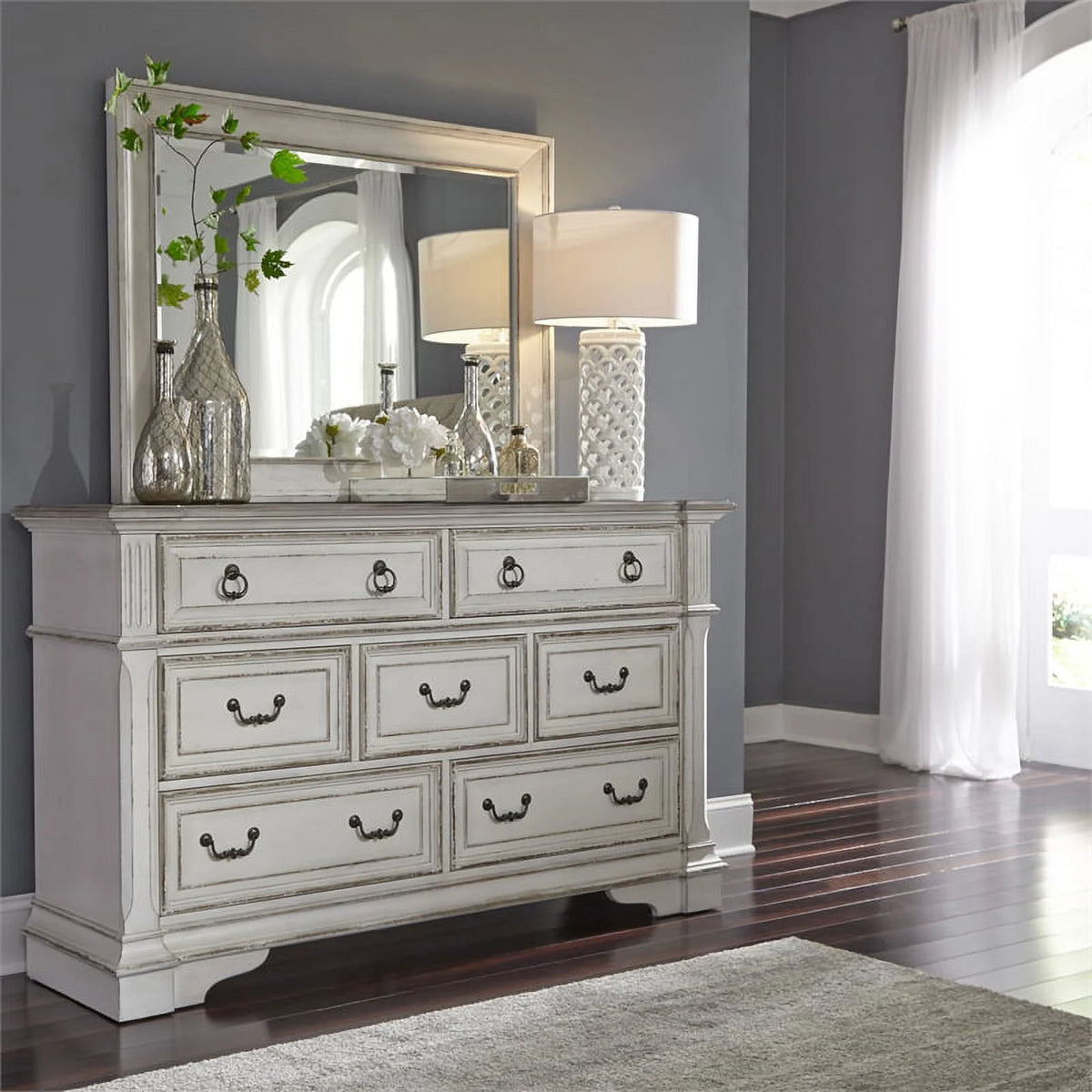 White 7-Drawer Wood Dresser & Mirror H5711