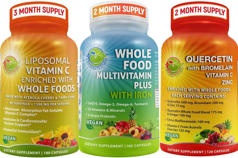 Vegan Whole Food Daily Multivitamin with Iron, Liposomal Vitamin C Capsules & Quercetin with Bromelain Q966
