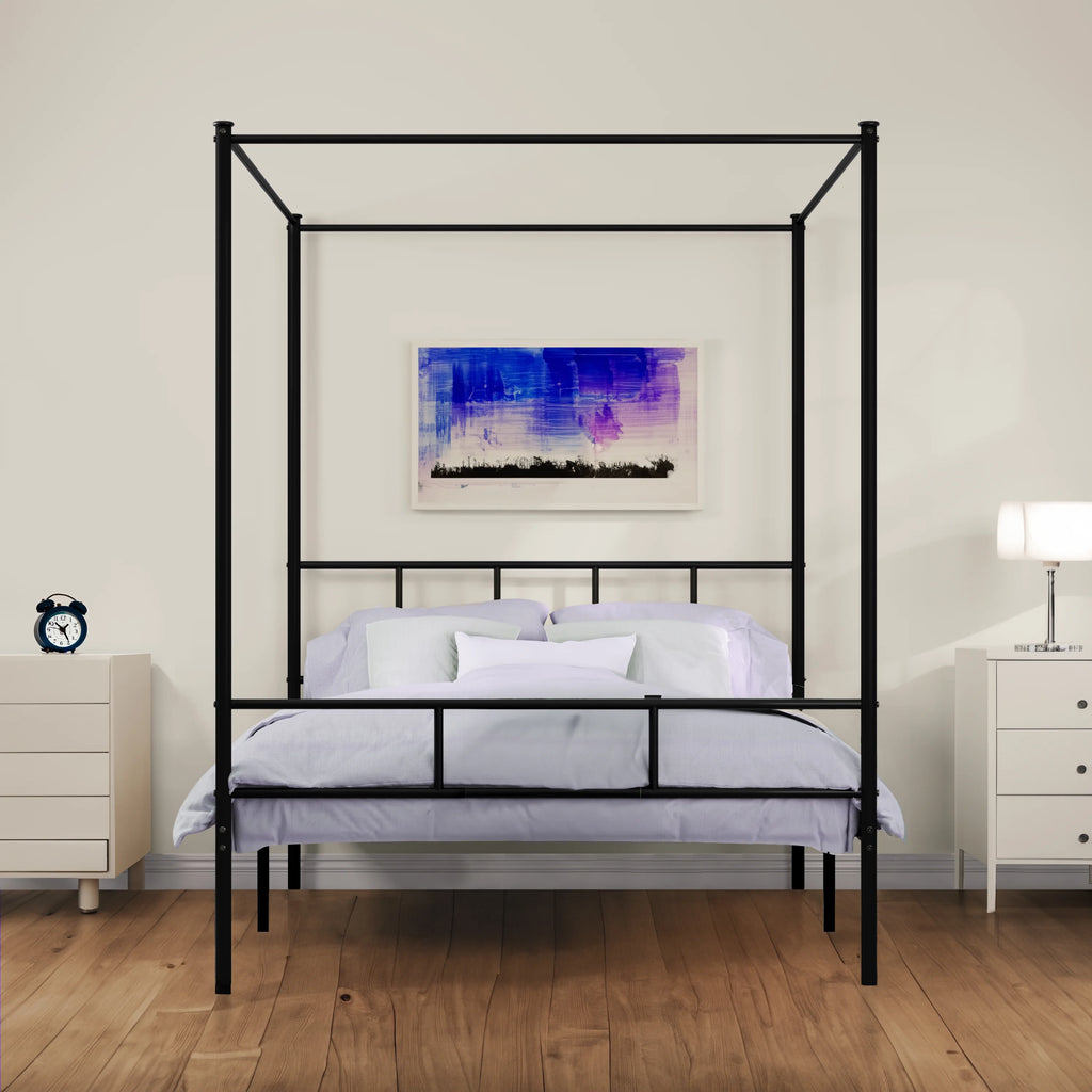 Queen Size Black Metal Canopy Bed Frame with Headboard C22538