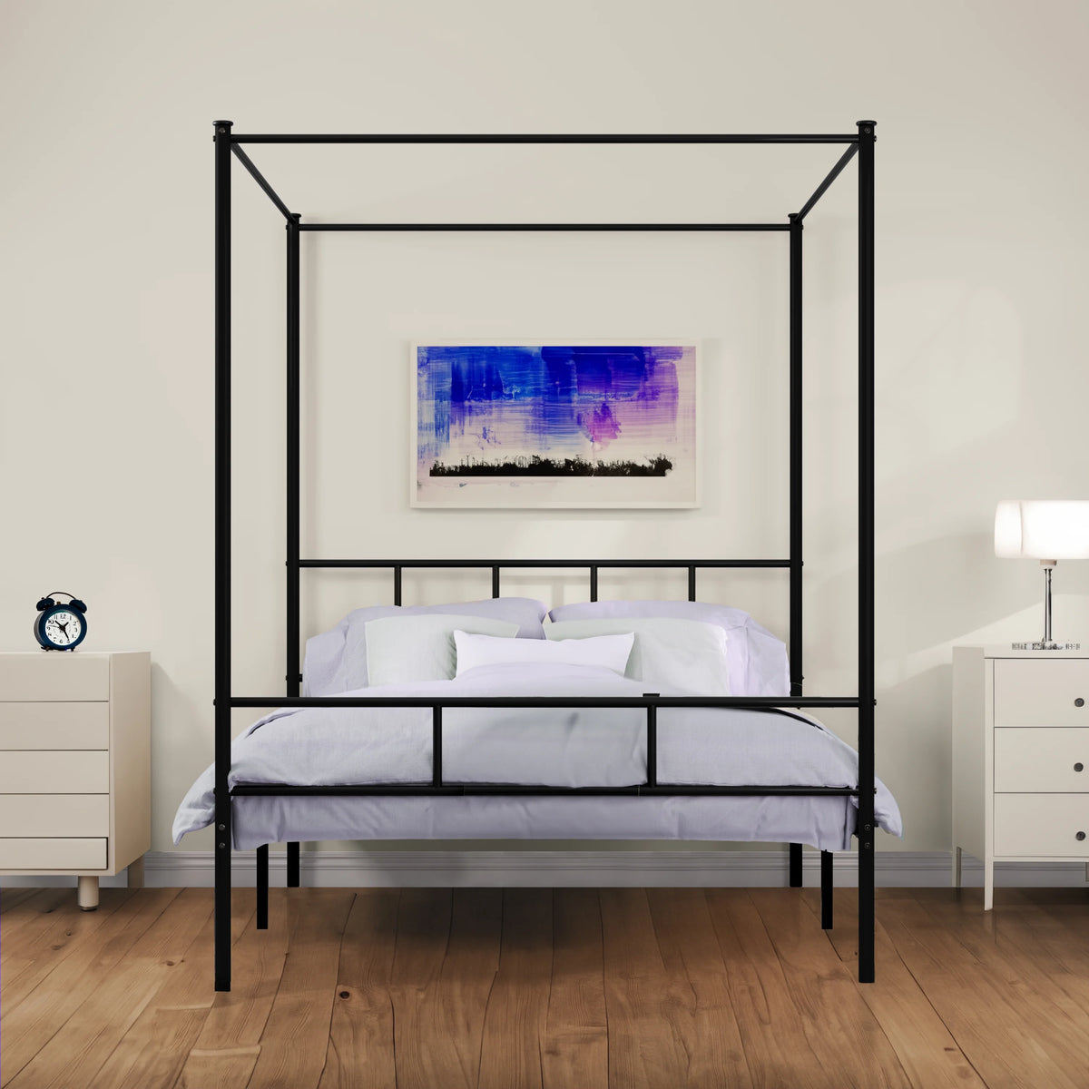 Queen Size Black Metal Canopy Bed Frame with Headboard C22538