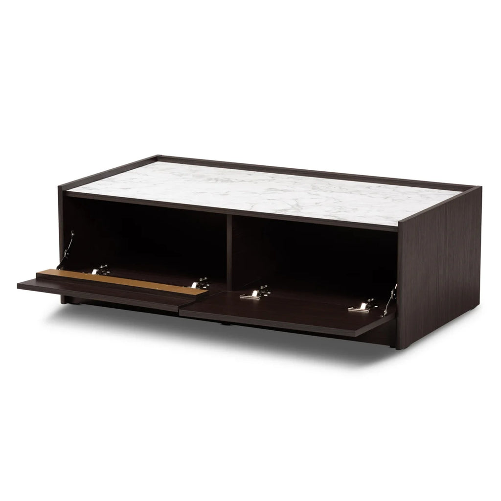Dark Brown Gold Wood Coffee Table with Faux Marble Top A82026