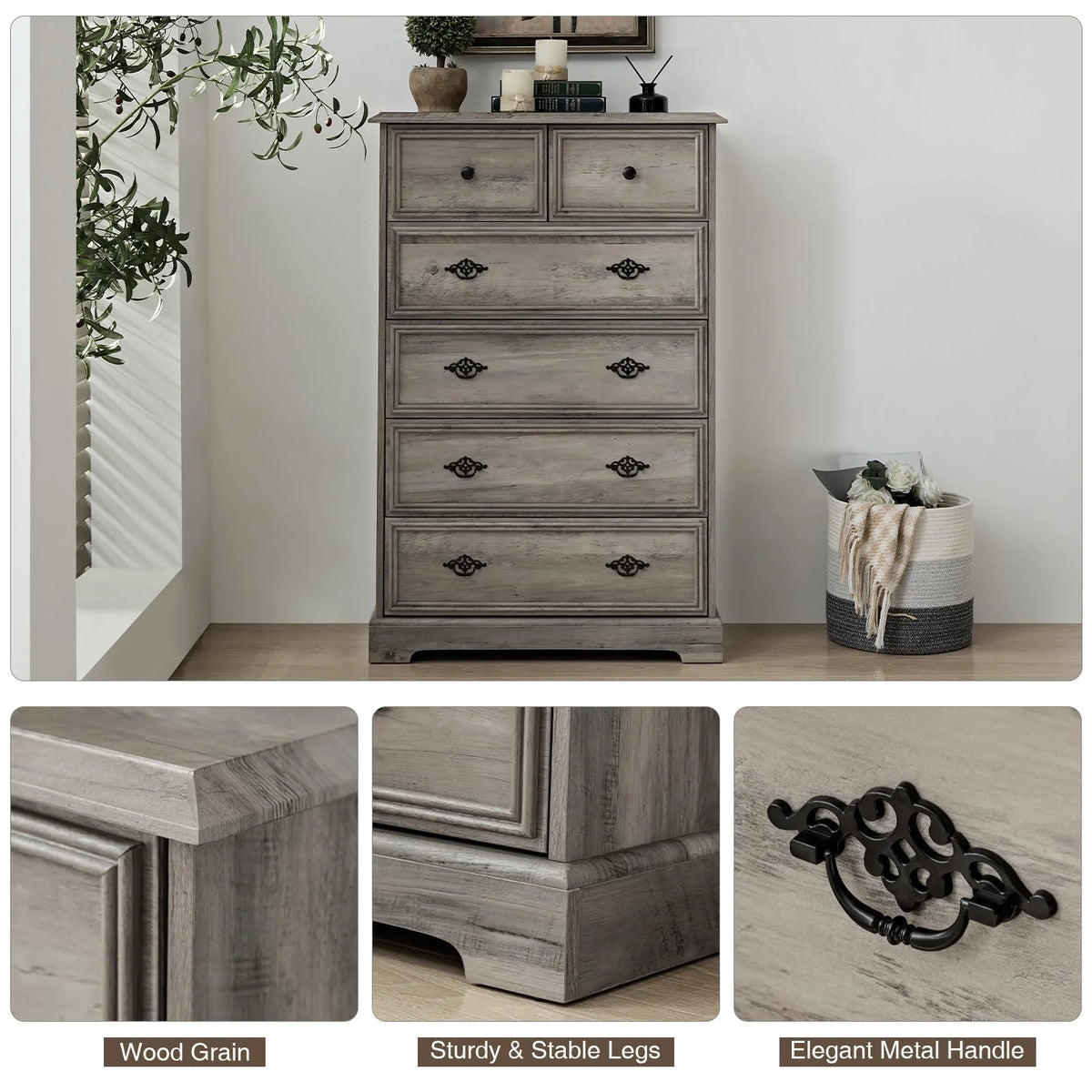 Grey 6 Drawer Wood Dresser H582