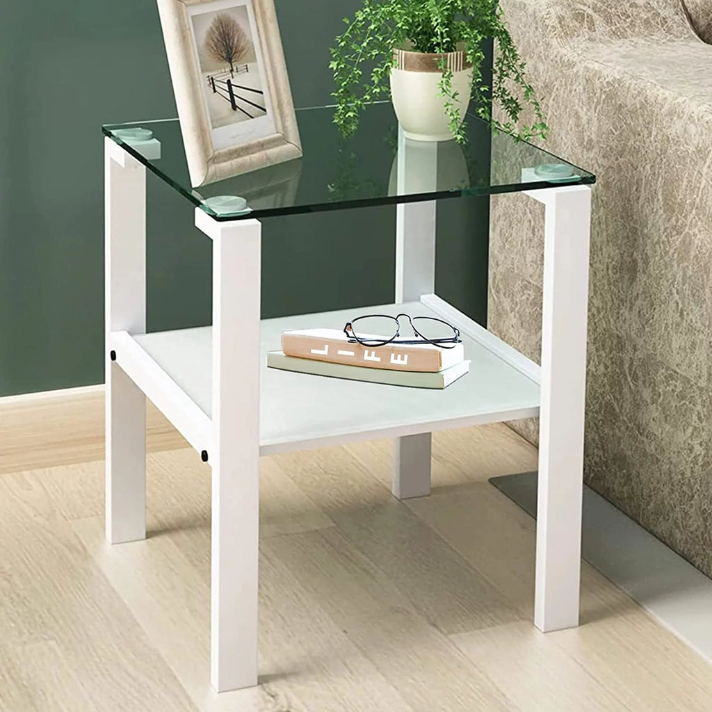 Glass End Table, 2 Layer White Small Corner Table V25306