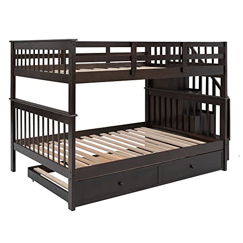 Full Over Full Wood Bunk Bed with Twin Trundle and Stairs, White N1296