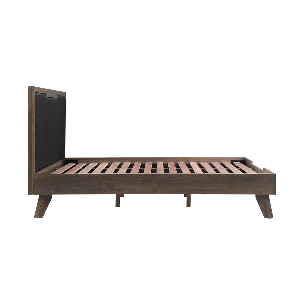 Oak Wood King Platform Bed with Faux Leather Headboard J7328