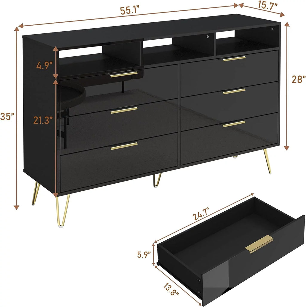 White 6 Drawer Wood Dresser with LED Lights B836